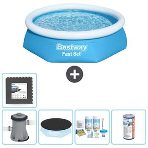 Piscina gonfiabile rotonda Bestway Fast-Set - 244 x 61 cm - blu - inclusa copertura della pompa - pacchetto manutenzione - filtro - piastrelle per il pavimento