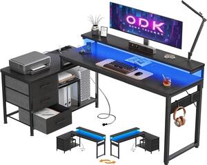 ODK scrivania a L con cassetti e LED, 174x100cm, scrivania da gioco, porta di ricarica USB, nero