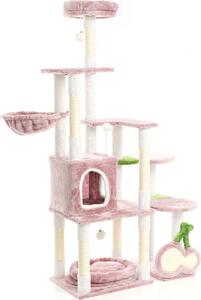 Tiragraffi Fudajo "Ciliegie" in rosa alto 162 cm, tiragraffi per gatti con tiragraffi a forma di ciliegia, albero per gatti con casetta per gatti, mangiatoia e palline da gioco