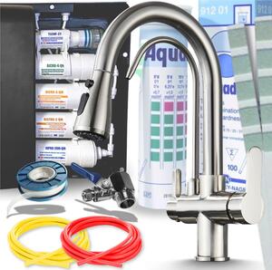 Miscelatore da cucina Ari Nordic a 3 vie in acciaio inossidabile, con getto estraibile e sistema di filtraggio dell'acqua a 5 stadi; filtro per acqua potabile da incasso