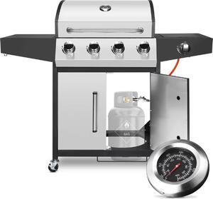 Barbecue a gas 5 in 1 - argento - 4,1 bruciatori con griglia laterale - termostato e vaschetta per l'olio
