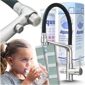 Rubinetto da cucina a 3 vie Ari con doccetta estraibile, canna girevole 360 gradi, acciaio inox satinato, per filtro acqua