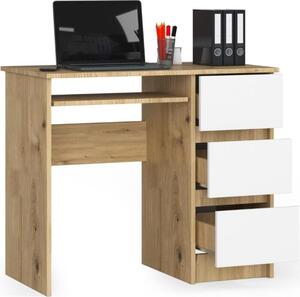 BDW, scrivania per computer con 3 cassetti, cassetto per tastiera, 90x77x50 cm, rovere Artisan / bianco (a destra)