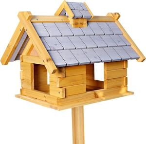 Casetta per uccelli XXL Villa per uccelli in legno 44×34×37 cm con scandole in legno grigio-bianco