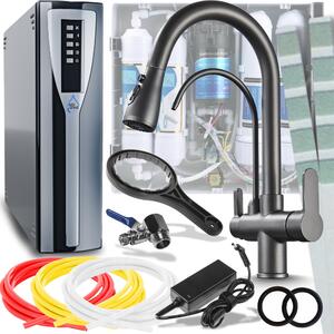 Miscelatore da cucina Ari Nordic a 3 vie, color grafite, con braccio estraibile a 360°, filtro per acqua a osmosi inversa RO e sistema di nanofiltrazione da incasso sottobanco per cucina
