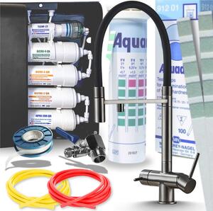 Miscelatore da cucina Ari HighFlex a 3 vie, color grafite antracite, con doccetta estraibile e sistema di filtraggio dell'acqua a 5 stadi; filtro per acqua potabile da incasso