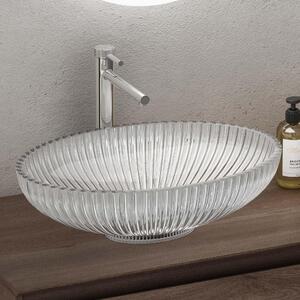 Doporro Lavabo da Appoggio in Vetro Temperato Lavandino Bagno Ovale 50,5 x 35 x 14,5 cm Trasparente Lavello Design Artistico con Texture per Cucina WC Ospiti Minerva04