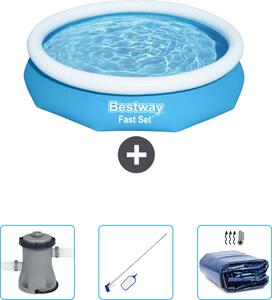 Bestway piscina gonfiabile rotonda ad ambientazione rapida - 305 x 66 cm - blu - include pompa - kit di pulizia - tenda da sole