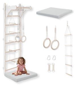 Scala ginnica per bambini (210 cm), Scala a muro in legno, Struttura per arrampicata per bambini, Ruote ginniche, Materasso protettivo