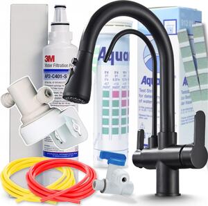 Miscelatore da cucina Ari Nordic a 3 vie, nero opaco, estraibile, con filtro per acqua potabile 3M AP2-C405-SG e sistema di filtrazione sottobanco
