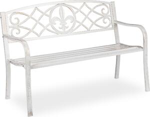 Panchina da giardino Relaxdays, robusta panchina da parco in metallo, panca con schienale in ghisa per esterni, 86x127x57 cm, bianco/bronzo