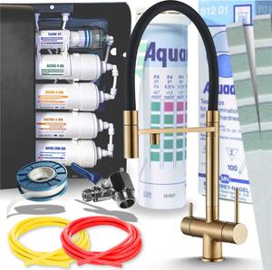 Miscelatore da cucina Ari HighFlex a 3 vie, finitura oro spazzolato, con bocca estraibile e sistema di filtraggio dell'acqua a 5 stadi, filtro per acqua potabile da incasso