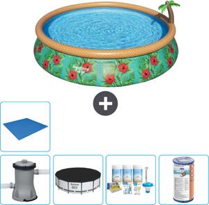 Bestway piscina gonfiabile rotonda fast set - Paradise Print - 457 x 84 cm - inclusa copertura della pompa - pacchetto manutenzione - filtro - copertura del terreno