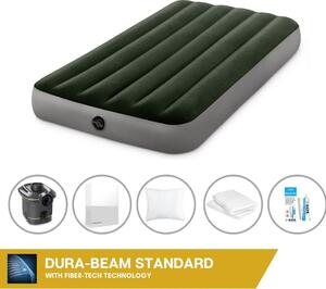 Letto ad aria Intex - 1 persona - 99 x 191 x 25 cm - Verde - Con pompa + lenzuolo bianco + cuscino + federe Molton 2 in 1 + set di riparazione