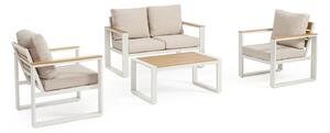 Set 4 Pezzi Salotto da Giardino con Divano 2 Poltrone e Tavolino in Alluminio e Polywood Leandro Bianco e Beige