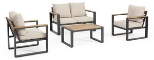 Set 4 Pezzi Salotto da Giardino con Divano 2 Poltrone e Tavolino in Alluminio e Polywood Leandro Antracite e Beige