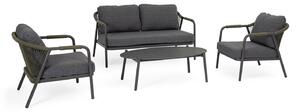 Set 4 Pezzi Salotto da Giardino con Divano 2 Poltrone e Tavolino in Alluminio Corda Poliestere e Pietra Sinterizzata Miravet Antracite e Verde