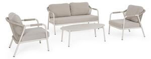 Set 4 Pezzi Salotto da Giardino con Divano 2 Poltrone e Tavolino in Alluminio Corda Poliestere e Pietra Sinterizzata Miravet Wall