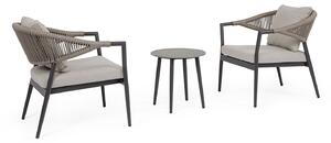 Set 3 Pezzi Salotto da Giardino con 2 Poltrone e Tavolino in Alluminio Corda Poliestere e Pietra Sinterizzata Millor Antracite e Cachi