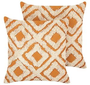 2 cuscini decorativi in cotone arancione e bianco 45 x 45 cm con motivo geometrico Beliani