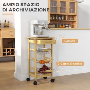 HOMCOM Carrello Cucina con Ruote, Cassetto e 3 Cestini a Rete Metallica, 37x37x76cm, Colore Legno