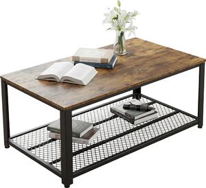 Tavolino Relaxdays, stile industriale, A x L x P: 45 x 106 x 60 cm, effetto legno, ripiano a griglia, tavolino da salotto, marrone/nero