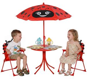 Outsunny Set Tavolo da Giardino con 2 Sedie Pieghevoli e Ombrellone per Bambini in Metallo e Poliestere, Rosso|Aosom