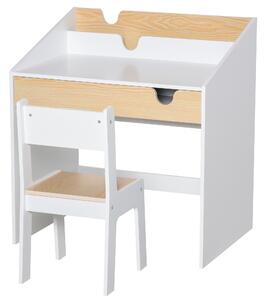 HOMCOM Set Scrivania e Sedia per Bambini con Cassetto e Scaffale, Bordi Arrotondati, Età 6-10 Anni, Bianco e Legno | Aosom Italy