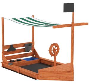 Outsunny Sabbiera con Tetto Parasole a Forma di Nave Pirata in Legno Massiccio, 180x103x144,5 cm, Verde | Aosom Italy