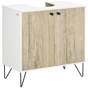 Kleankin Mobile sottolavabo, con 2 ante, piedi in acciaio, 60 x 30 x 60 cm, Bianco e legno naturale | Aosom Italy