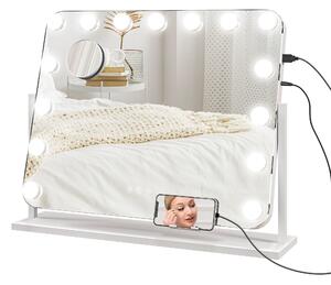 HOMCOM Specchio da Trucco con 14 Luci LED Regolabili e Ricarica USB, in Vetro e Metallo, 62.5x14x49.5 cm, Bianco | Aosom Italy