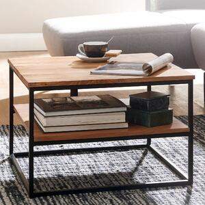 FineBuy Tavolino quadrato 60x60 cm in legno massello di acacia · Tavolino da salotto con struttura in metallo e 2 ripiani · Realizzato a mano in stile industrial design
