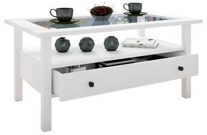 Tavolino in legno con vetro di sicurezza ESG | Tavolino semplice | Dimensioni ca. H. 42 x W. 90 x D. 54 cm | Tavolo soggiorno con cassetto | Divano - Lingis L