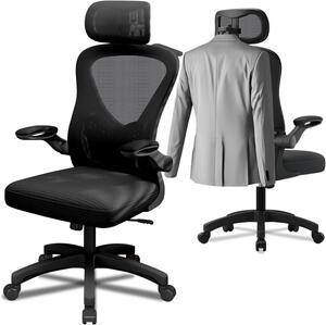 Elzusha - Sedia da ufficio ergonomica con braccioli pieghevoli e poggiatesta - Nera