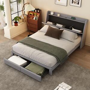 Letto imbottito con vano contenitore nella testiera, presa USB e cassetti alla base, senza materasso,140×200 cm, Grigio