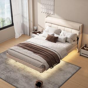 Letto imbottito moderno, con design sospeso e luce sensore, 140×200 cm,senza materasso,Beige