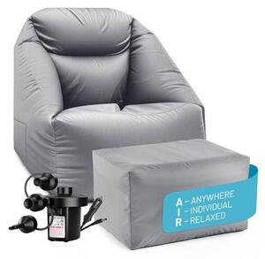 Lumaland, set relax "AIR" grigio: poltrona confortevole + poggiapiedi + pompa ad aria