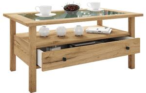 Tavolino in legno con vetro di sicurezza ESG | Tavolino semplice | Dimensioni ca. H. 42 x W. 90 x D. 54 cm | Tavolo soggiorno con cassetto | Divano - Lingis L