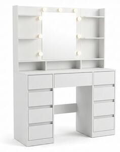 Relaxdays, tavolino da trucco con specchio a LED e contenitore superiore, tavolino da parrucco, 9 cassetti, dimensioni: 144x107x40 cm, tavolino per cosmetici, bianco