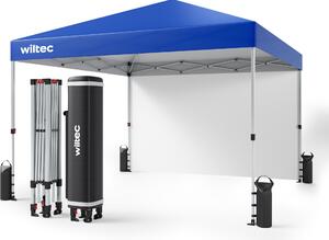 Gazebo pieghevole Wiltec 3 x 3 m blu con ruote, gazebo pieghevole con tecnologia "One Push", gazebo da giardino con protezione UV 50+, gazebo per campeggio