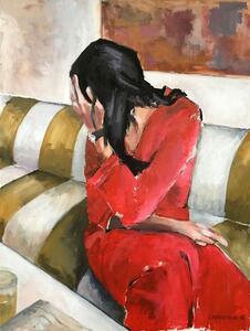 Illustrazione Woman In A Red Dress Sits On A Sofa, Borgenhag Holmqvist
