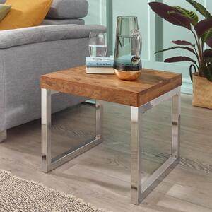 FineBuy tavolino quadrato 45cm in legno massello di sheesham con struttura cromata, tavolo da salotto di design, tavolo da divano con struttura in metallo, tavolino in vero legno