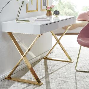 Tavolo 118x76x57 cm legno, lucido, gambe in metallo bianco, oro | Wohnling