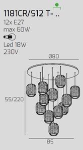 Sospensione cromo 12 luci tonda vetri 6x tr + 6x am 1181cr-s12 t-ta