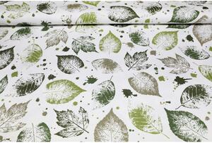 Tessuto cotone tovagliato al metro foglie verdi, alt. 140 cm