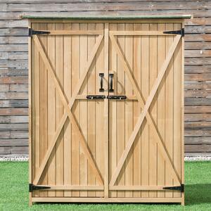 Costway Casetta da giardino con tetto inclinato in asfalto 2 porte e ripiani, Ripostiglio porta attrezzi in legno
