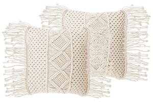 Set di 2 cuscini decorativi in macramè di cotone beige 40 x 45 cm con nappe in corda Boho Retro Decor accessori Beliani