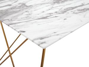 Tavolo da Pranzo Effetto Marmo Bianco con Piano in Vetro Temperato dorato Gambe in Metallo 140 x 80 cm Glam Soggiorno Beliani