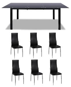 Tavolo da pranzo allungabile in vetro + 6 Sedie moderne in pelle nera