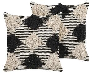 Set di 2 cuscini decorativi in cotone beige e nero 50 x 50 cm motivo geometrico fatto a mano sfoderabile con imbottitura Beliani